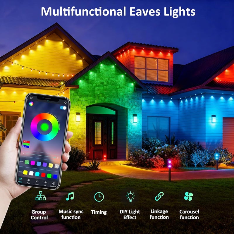 DIERLIGHT 50FT RGB Permanent Outdoor Lights, LED String Lights with APP & Remote Control, IP67 Waterproof Multicolor Eaves Lights for Christmas Halloween Party, Garden, House Decor Rope Lights - Image 4